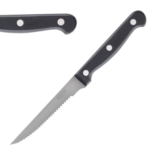 Olympia Steak Knives Black - 4 1/2" (12 Pack) (215(L)mm. Serrated Blade. Pack Quantity: 12. Material: 18/0 Stainless Steel) • PAS-C134