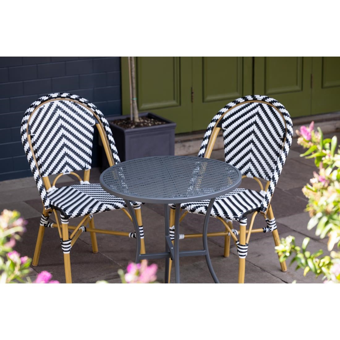 Bolero Parisian Style Rattan Side Chair Black (2 Pack) (Pack Quantity: 2 | aluminium frame with wood finish) • PAS-CH111
