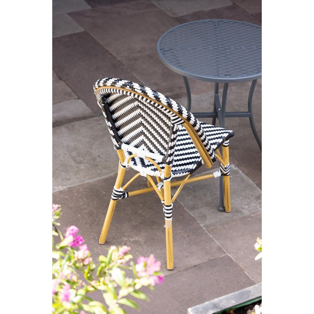Bolero Parisian Style Rattan Side Chair Black (2 Pack) (Pack Quantity: 2 | aluminium frame with wood finish) • PAS-CH111