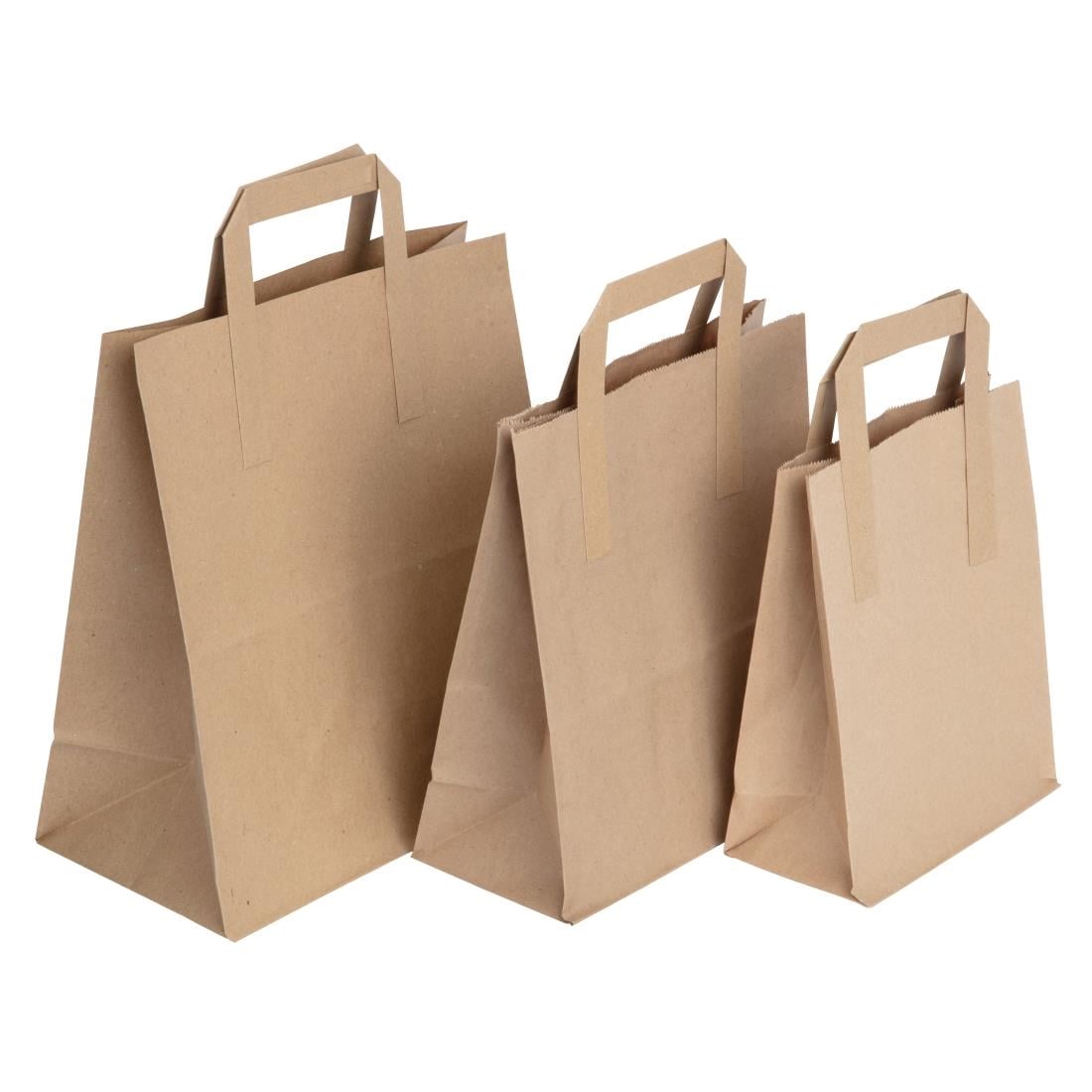 Fiesta Recyclable Flat Handle Brown Paper Bags Small (250 Pack) (210(H)x90(W)x177(L)mm | Pack Quantity: 250) • PAS-JA527