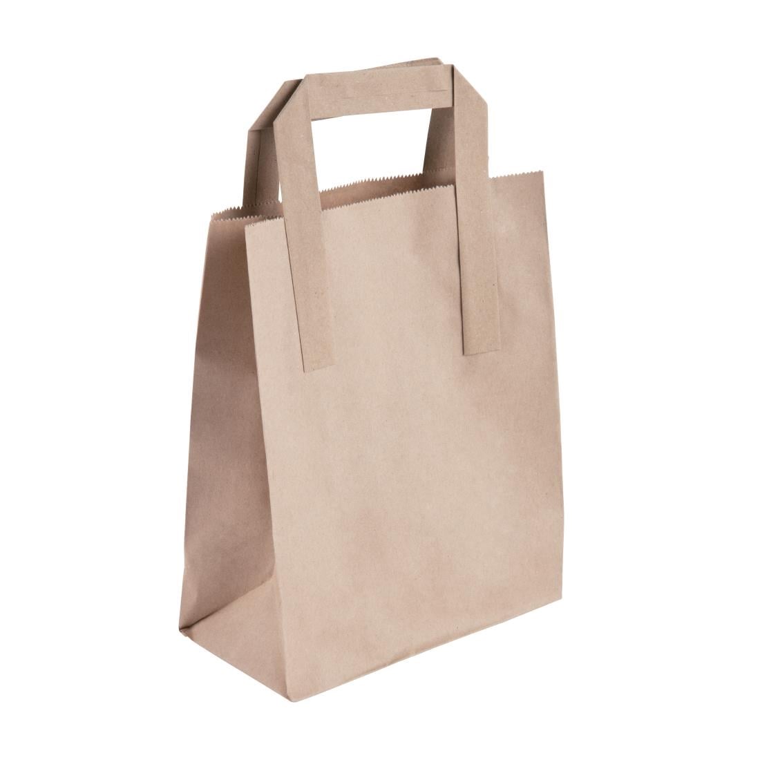 Fiesta Recyclable Flat Handle Brown Paper Bags Small (250 Pack) (210(H)x90(W)x177(L)mm | Pack Quantity: 250) • PAS-JA527