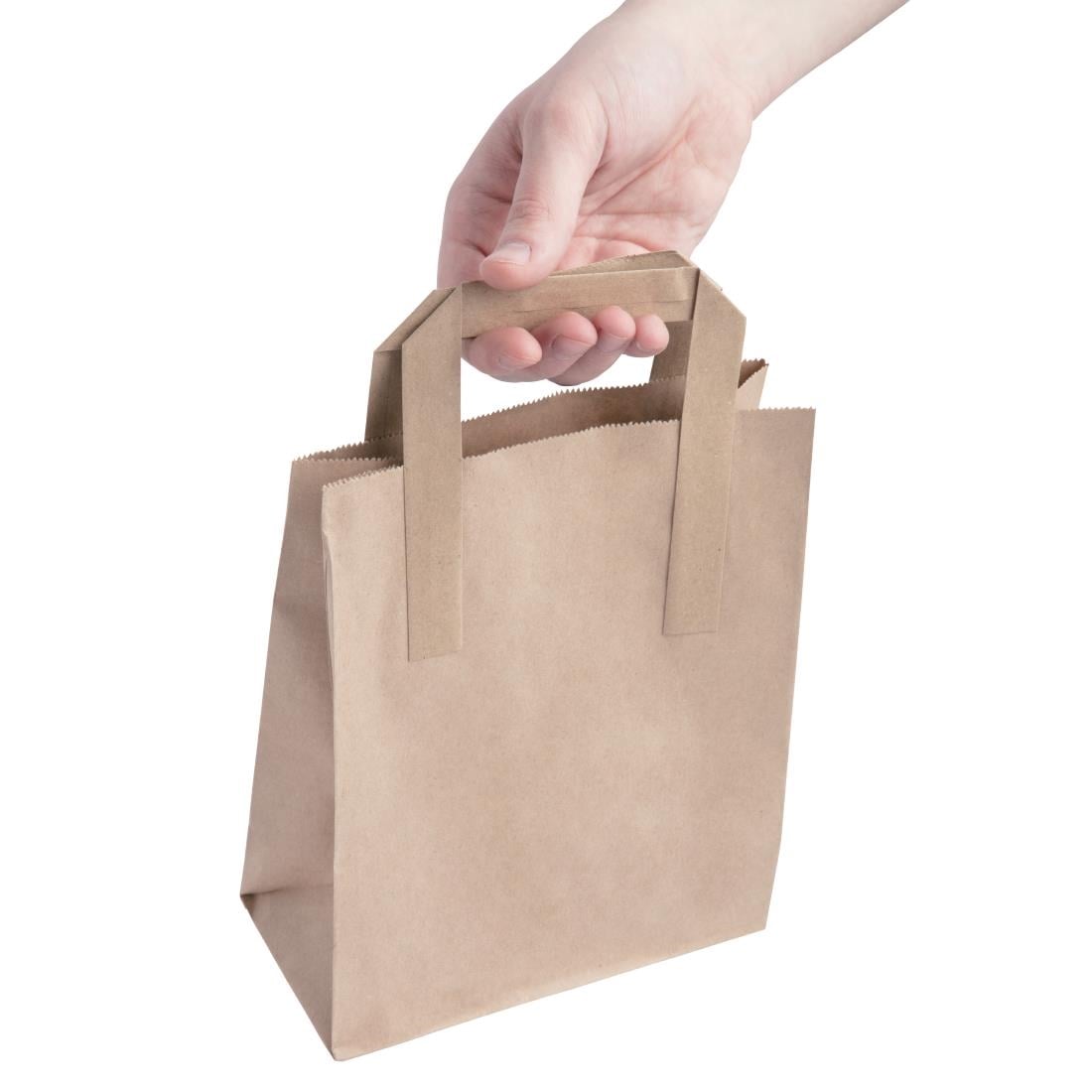 Fiesta Recyclable Flat Handle Brown Paper Bags Small (250 Pack) (210(H)x90(W)x177(L)mm | Pack Quantity: 250) • PAS-JA527