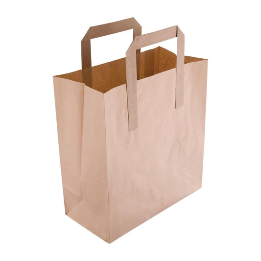 Fiesta Recyclable Flat Handle Brown Paper Bags Small (250 Pack) (210(H)x90(W)x177(L)mm | Pack Quantity: 250) • PAS-JA527