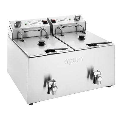 Apuro Twin Tank Electric Fryer with Timer - 2x8Ltr - 2x2.9kW (2x2.9kW. Oil Capacity: 2x8Ltr. Chip output: up to 16kg/hr) • PAS-CU621-A