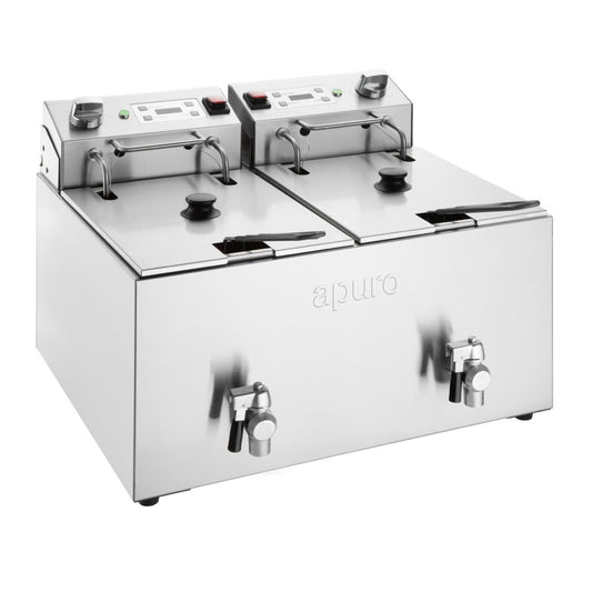 Apuro Twin Tank Electric Fryer with Timer - 2x8Ltr - 2x2.9kW (2x2.9kW. Oil Capacity: 2x8Ltr. Chip output: up to 16kg/hr) • PAS-CU621-A