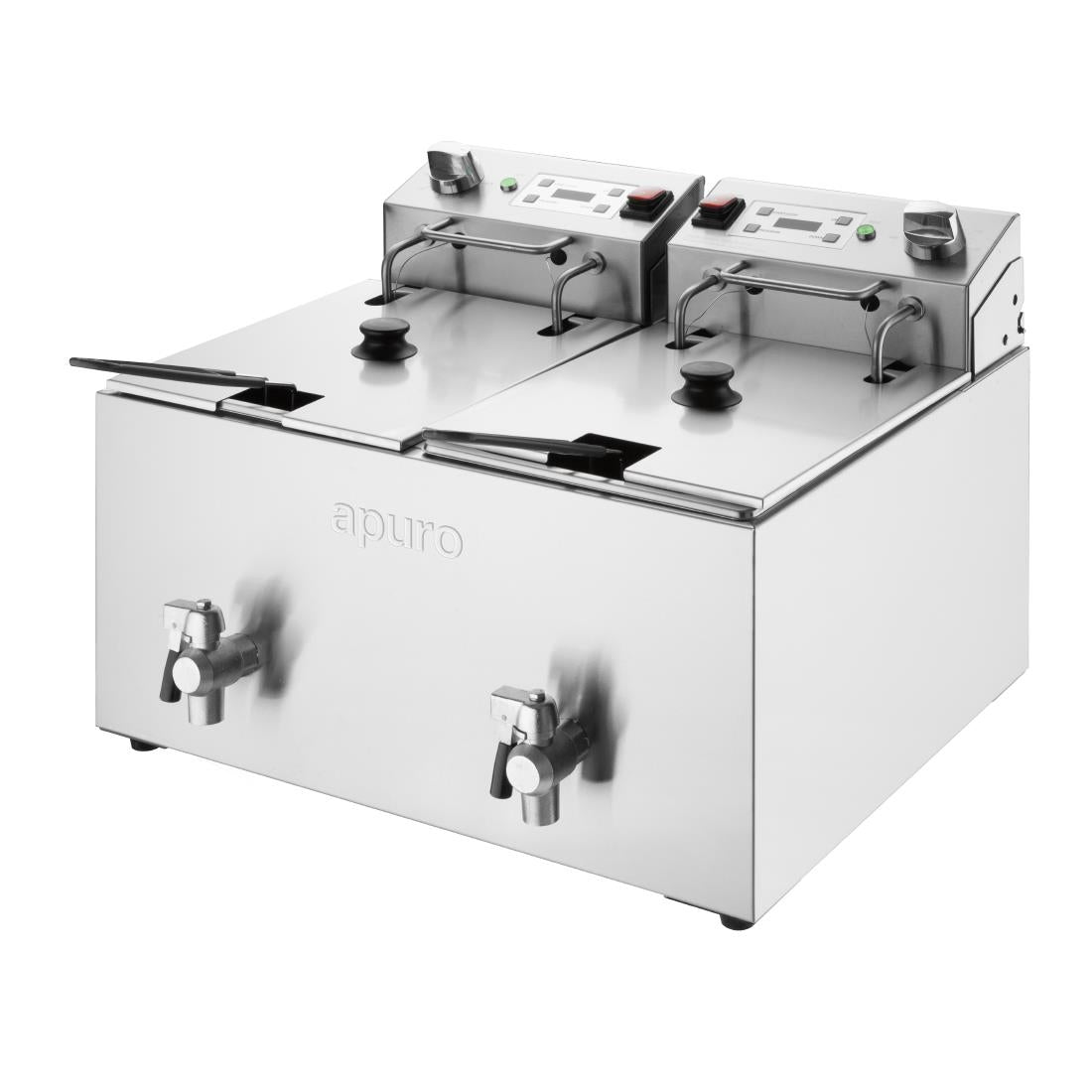 Apuro Twin Tank Electric Fryer with Timer - 2x8Ltr - 2x2.9kW (2x2.9kW. Oil Capacity: 2x8Ltr. Chip output: up to 16kg/hr) • PAS-CU621-A