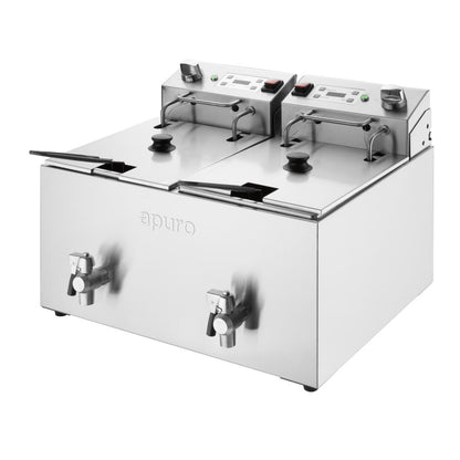 Apuro Twin Tank Electric Fryer with Timer - 2x8Ltr - 2x2.9kW (2x2.9kW. Oil Capacity: 2x8Ltr. Chip output: up to 16kg/hr) • PAS-CU621-A