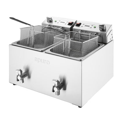 Apuro Twin Tank Electric Fryer with Timer - 2x8Ltr - 2x2.9kW (2x2.9kW. Oil Capacity: 2x8Ltr. Chip output: up to 16kg/hr) • PAS-CU621-A