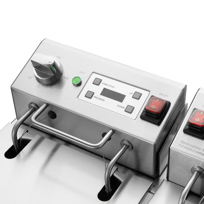 Apuro Twin Tank Electric Fryer with Timer - 2x8Ltr - 2x2.9kW (2x2.9kW. Oil Capacity: 2x8Ltr. Chip output: up to 16kg/hr) • PAS-CU621-A