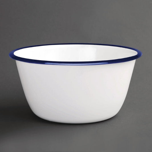 Olympia Enamel White/Blue Pudding Bowl - 155x75mm (6 Pack) (155(Ø)mm / 6 1/8". Pack quantity: 6.) • PAS-DC389
