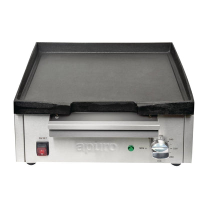 Apuro Large Cast Iron Countertop Electric Griddle (2.8kW. 15Amp. Cooking area: 380x385mm) • PAS-DC901-A