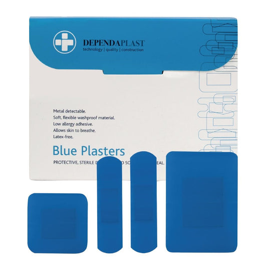 Dependaplast Blue Food Area Plasters Assorted (100 Pack) (Pack of 100 | Low Allergy Adhesive| Colour Blue) • PAS-DD609