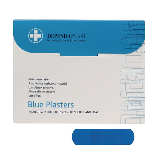 Dependaplast Blue Food Area Plasters 70mmx20mm (100 Pack) (Pack of 100 | Low Allergy Adhesive| Colour Blue) • PAS-DD611