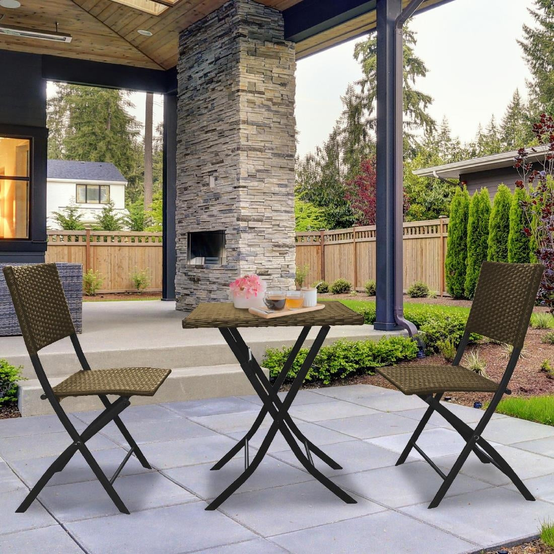 Arcadia Furniture 3 Piece 2 Chairs & 1 Table Folding Rattan Coffee Set - Oatmeal • PAS-DD843