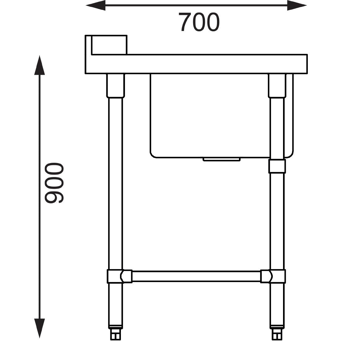 Vogue Dishwasher Inlet Table with Sink 90mm outlet - 1200x700x960mm R/H (Right Hand. 1200(W)x700(D)x960(H)mm) • PAS-DE472