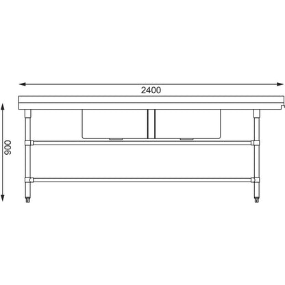Vogue Dishwasher Inlet Table with Double Bowl Sink 90mm outlet 2400x700x960mmL/H (Left Hand. 2400(W)x700(D)x960(H)mm) • PAS-DE475