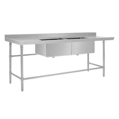 Vogue Dishwasher Inlet Table with Double Bowl Sink 90mm outlet 2400x700x960mmL/H (Left Hand. 2400(W)x700(D)x960(H)mm) • PAS-DE475