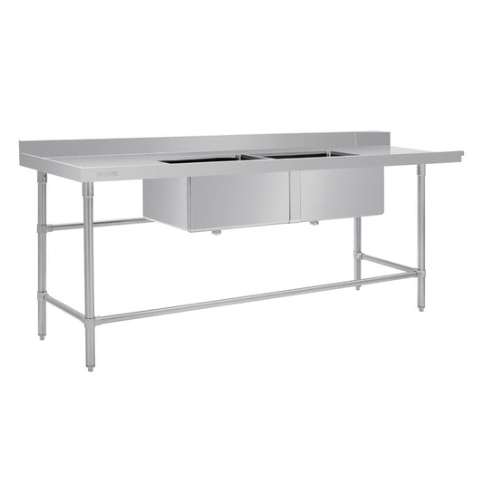 Vogue Dishwasher Inlet Table with Double Bowl Sink 90mm outlet 2400x700x960mmL/H • PAS-DE475