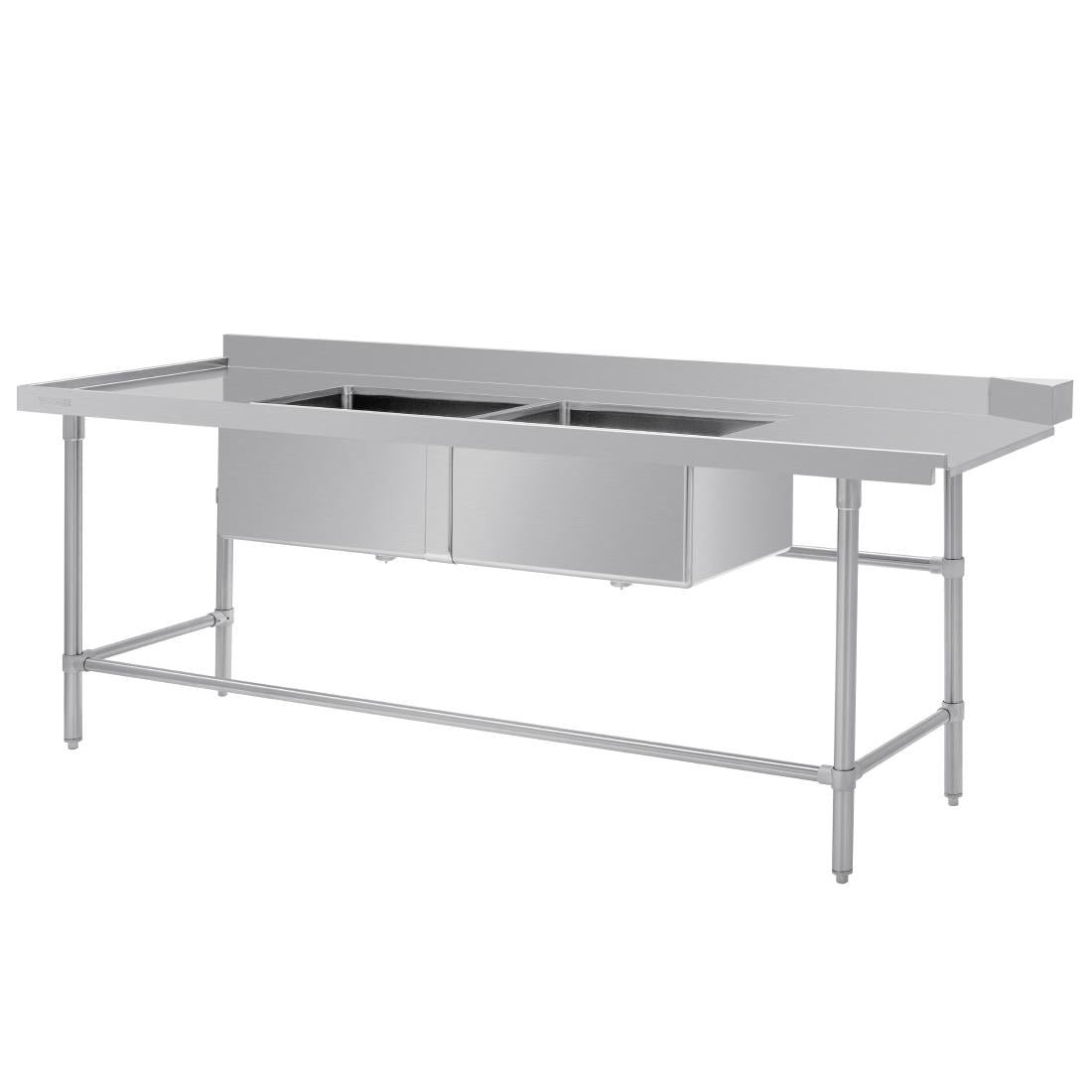 Vogue Dishwasher Inlet Table with Double Bowl Sink 90mm outlet 2400x700x960mmL/H (Left Hand. 2400(W)x700(D)x960(H)mm) • PAS-DE475