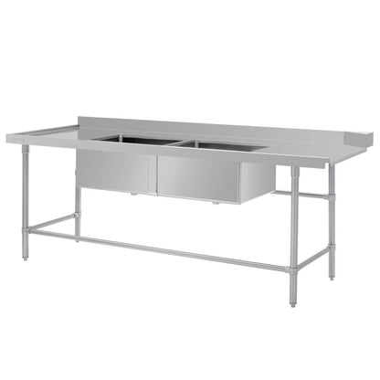 Vogue Dishwasher Inlet Table with Double Bowl Sink 90mm outlet 2400x700x960mmL/H (Left Hand. 2400(W)x700(D)x960(H)mm) • PAS-DE475