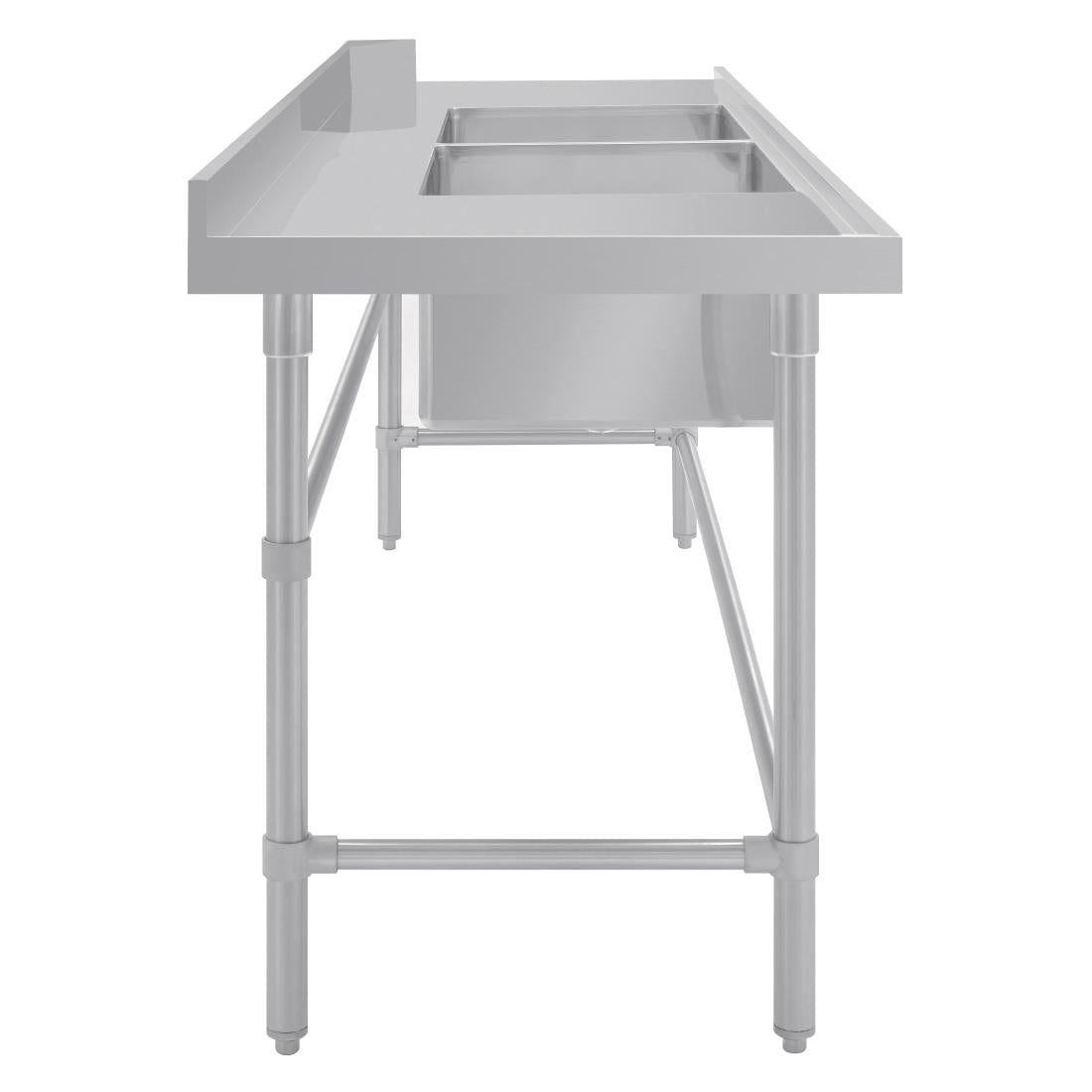 Vogue Dishwasher Inlet Table with Double Bowl Sink 90mm outlet 2400x700x960mmL/H (Left Hand. 2400(W)x700(D)x960(H)mm) • PAS-DE475