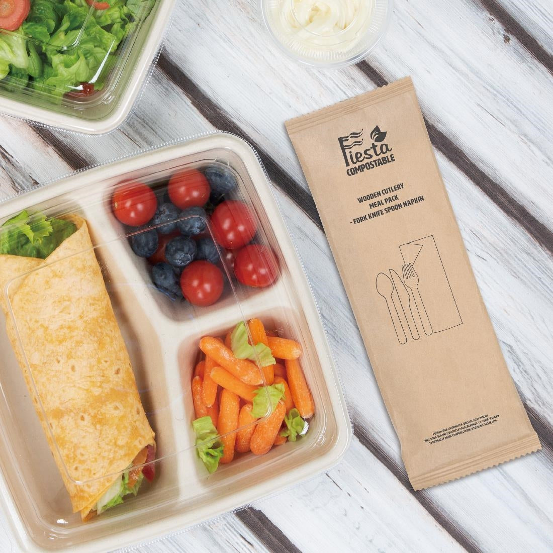 Fiesta Compostable Wooden Cutlery Meal Pack (250 Pack) (Each Pack Contains: 1 x Fork, 1 x Knife, 1 x Spoon and 1 x Napkin) • PAS-DF422