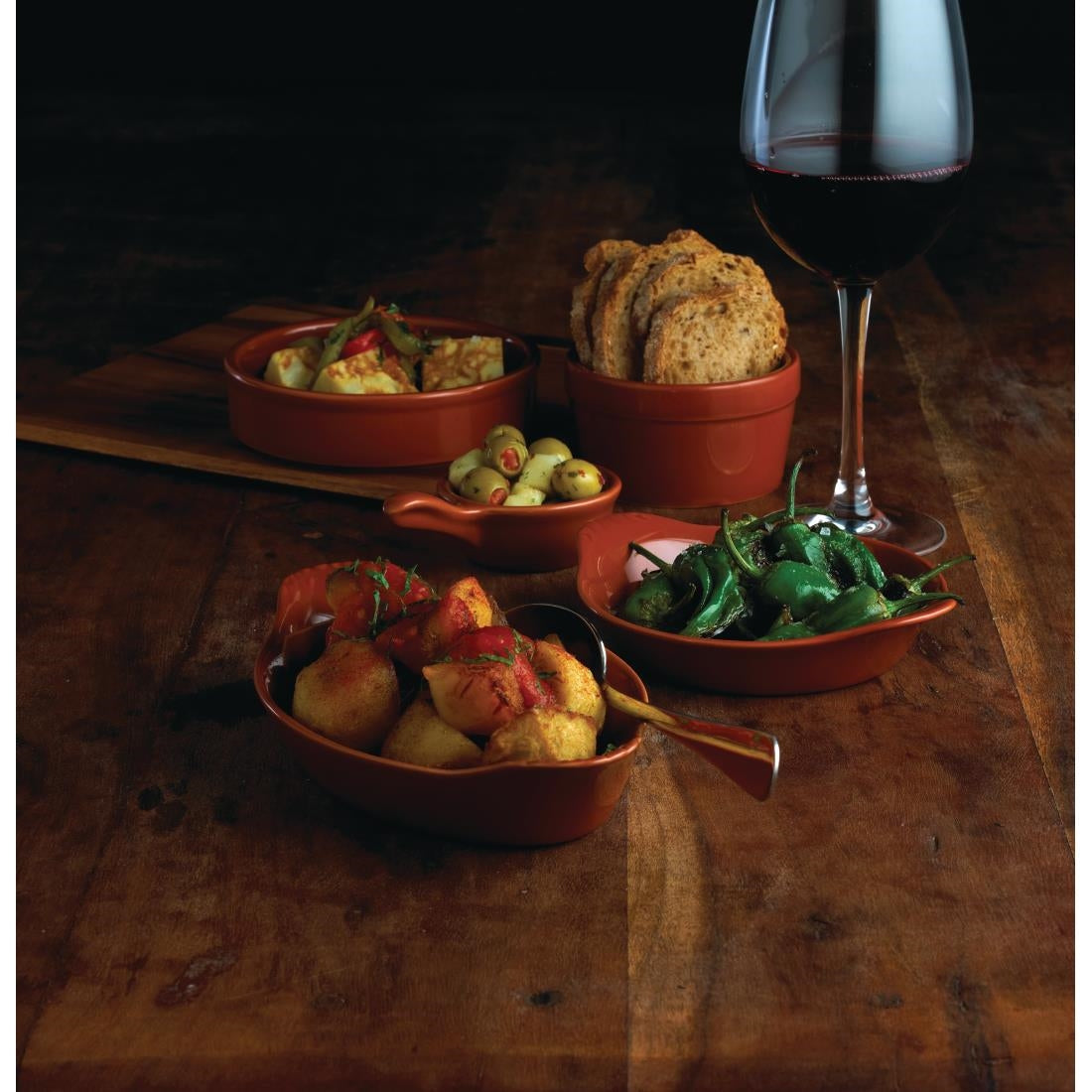 Olympia Tapas Rustic Mediterranean Dish Small - 102x20mm 4x 4/5" (6 Pack) (Colour: Terracotta. 20(h) x 103(w) x 103(Ø)mm. Box quantity: 6.) • PAS-CD740