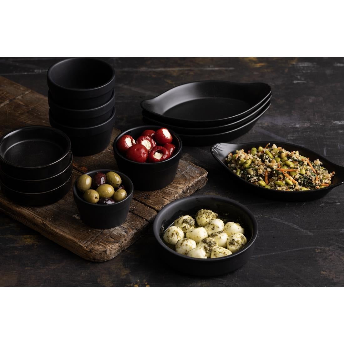 Olympia Tapas Stacking Dish Matt Black - 134x30mm 5 3/10x 1 1/8" (6 Pack) (134x30mm / 5x1" | Matt Black | Pack quantity: 6.) • PAS-DK833