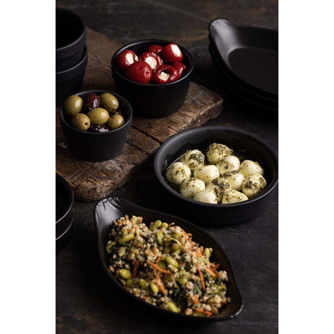 Olympia Tapas Stacking Dish Matt Black - 134x30mm 5 3/10x 1 1/8" (6 Pack) (134x30mm / 5x1" | Matt Black | Pack quantity: 6.) • PAS-DK833