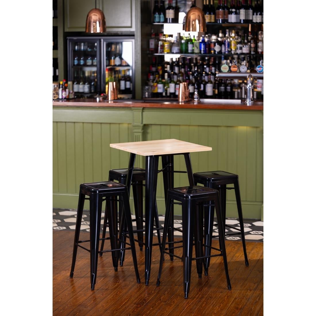Bolero Bistro Metal Square Bar Table Black with Wooden Top 600mm • PAS-FB595