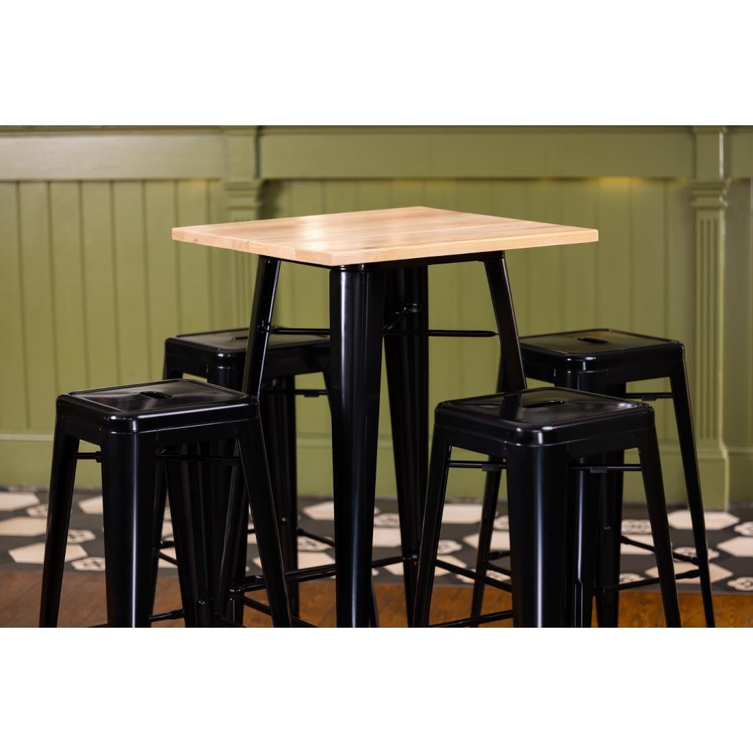 Bolero Bistro Metal Square Bar Table Black with Wooden Top 600mm • PAS-FB595