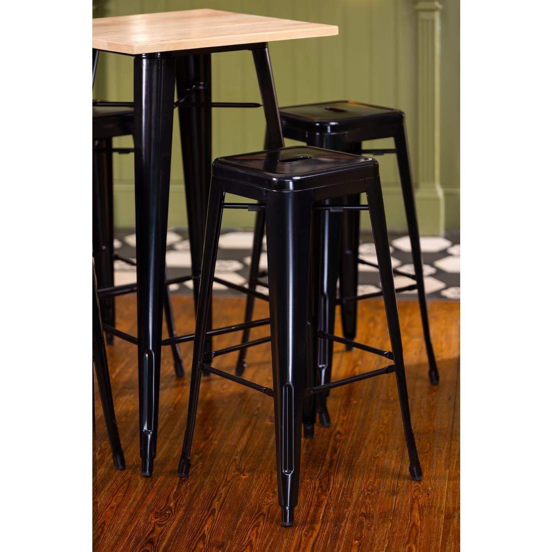 Bolero Bistro Metal Square Bar Table Black with Wooden Top 600mm • PAS-FB595