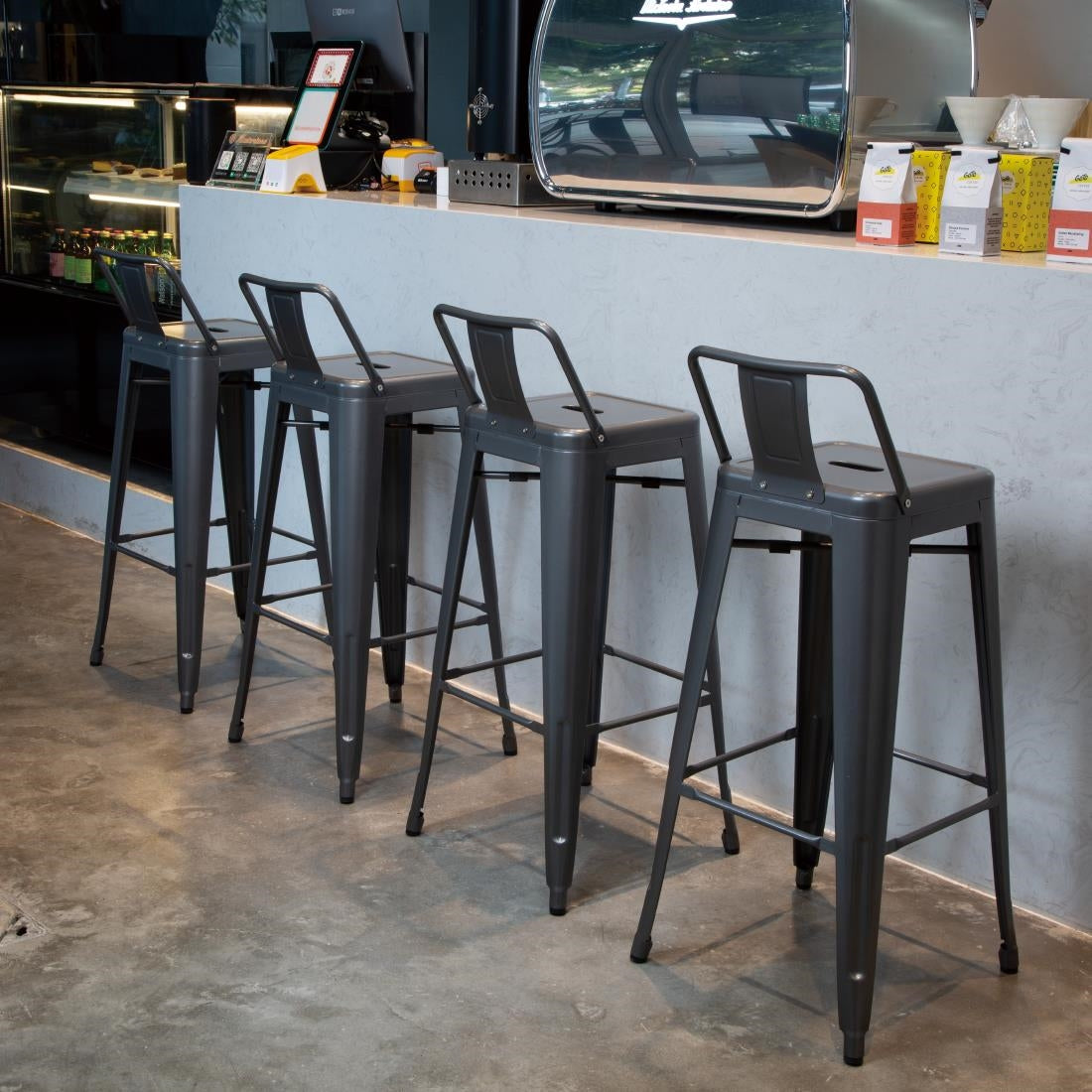 Bolero High Metal Bar Stools with Back Rests Gun Metal Grey (4 Pack) (Pack of 4) • PAS-DM935