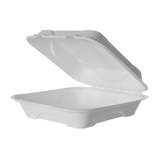 Detpak Vanguard Sugarcane Clamshell Contianer White 229x229x76mm (Box of 200) • PAS-DU283