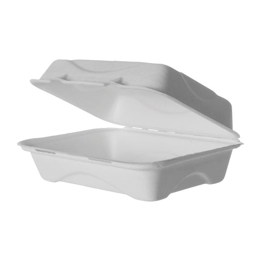 Detpak Vanguard Sugarcane Clamshell Contianer White 229x152x76mm (Pack of 250) • PAS-DU284