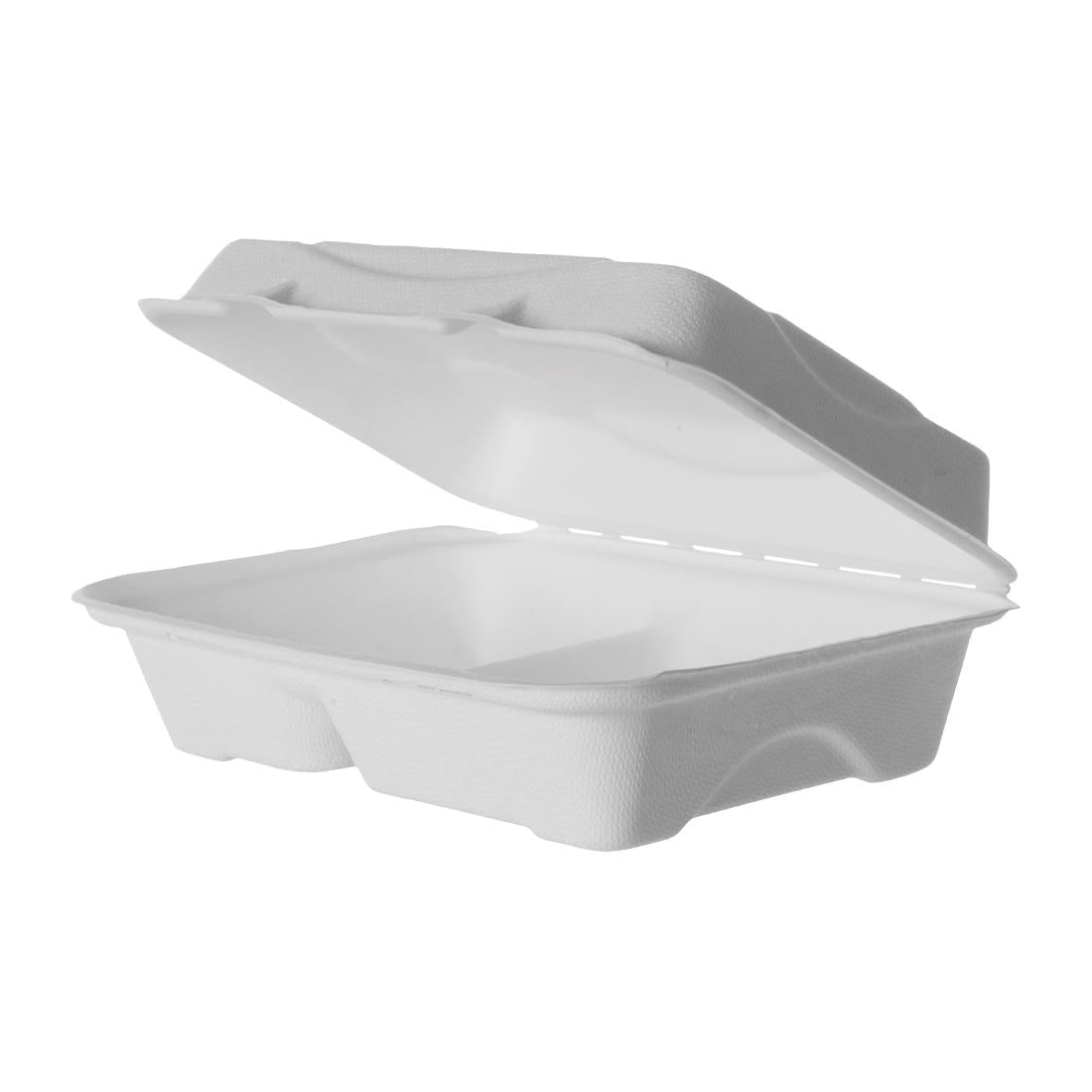 Detpak Sugarcane 2 Compartment Clamshell Container White 229x152x76 (Box of 250) • PAS-DU806