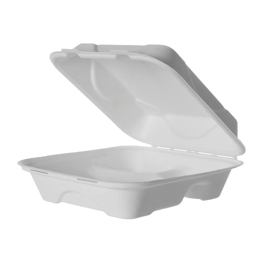 Detpak Sugarcane 3 Compartment Clamshell Container White 203x203x76 (Box of 200) • PAS-DU807