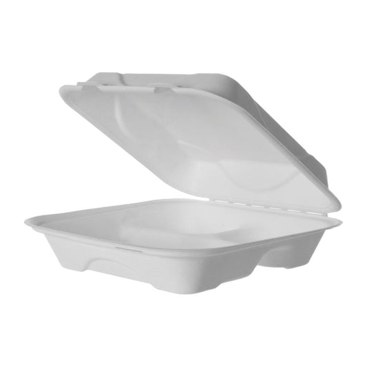 Detpak Sugarcane 3 Compartment Clamshell Container White 229x229x76(Pack of 200) • PAS-DU793