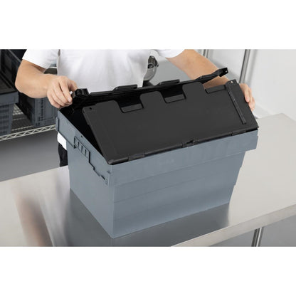 Vogue Plastic Transport Storage Crate with Attached Lid 600x400x320mm (Black. 600x400x320mm) • PAS-DX995