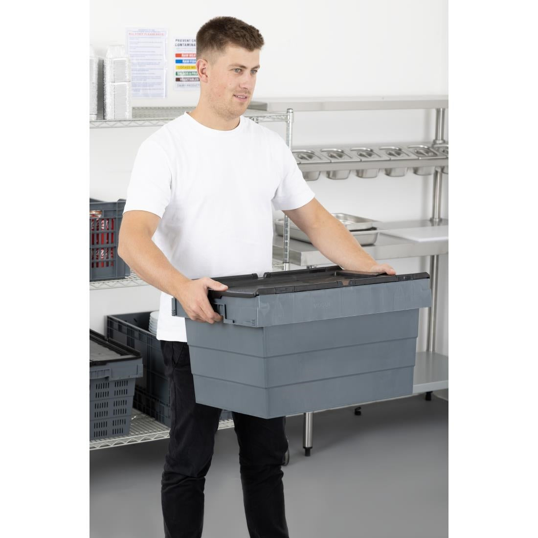 Vogue Plastic Transport Storage Crate with Attached Lid 600x400x320mm (Black. 600x400x320mm) • PAS-DX995