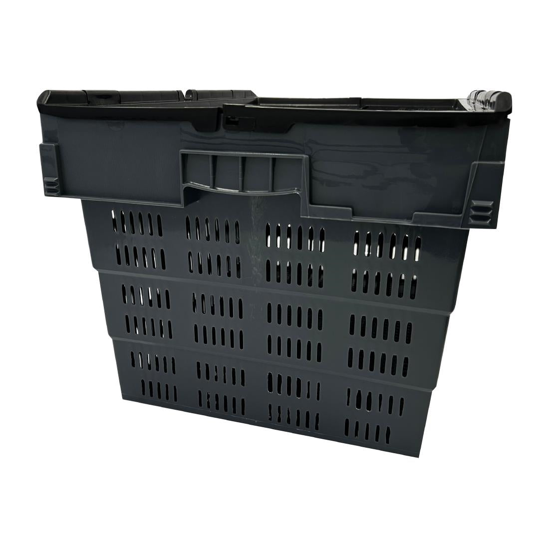 Vogue Perforated Plastic Transport Storage Crate with Attached Lid 600x400x320mm (Black. 600x400x320mm) • PAS-DX996