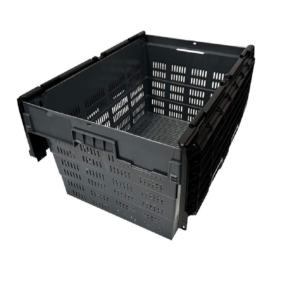 Vogue Perforated Plastic Transport Storage Crate with Attached Lid 600x400x320mm (Black. 600x400x320mm) • PAS-DX996