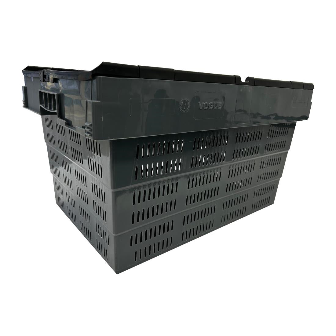 Vogue Perforated Plastic Transport Storage Crate with Attached Lid 600x400x320mm (Black. 600x400x320mm) • PAS-DX996