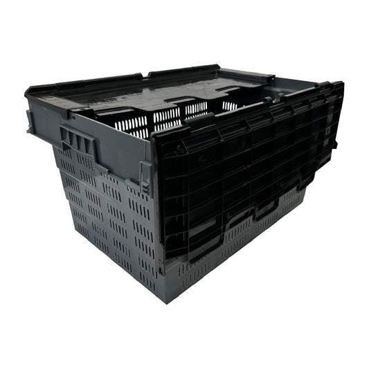 Vogue Perforated Plastic Transport Storage Crate with Attached Lid 600x400x320mm (Black. 600x400x320mm) • PAS-DX996