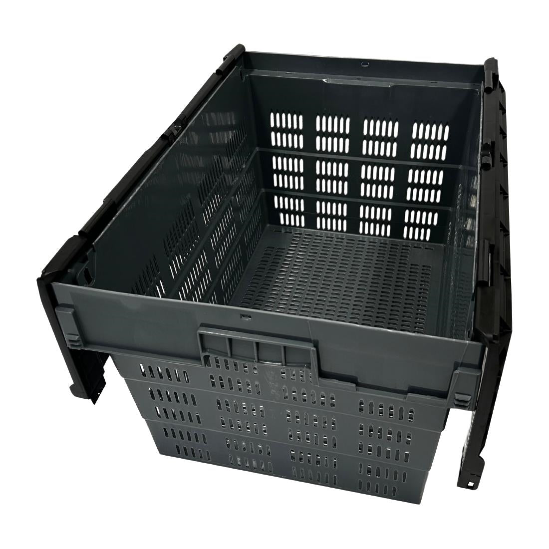 Vogue Perforated Plastic Transport Storage Crate with Attached Lid 600x400x320mm (Black. 600x400x320mm) • PAS-DX996