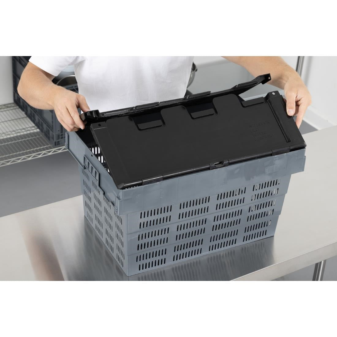 Vogue Perforated Plastic Transport Storage Crate with Attached Lid 600x400x320mm (Black. 600x400x320mm) • PAS-DX996