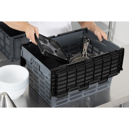 Vogue Perforated Plastic Transport Storage Crate with Attached Lid 600x400x320mm (Black. 600x400x320mm) • PAS-DX996