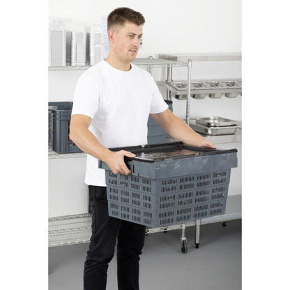 Vogue Perforated Plastic Transport Storage Crate with Attached Lid 600x400x320mm (Black. 600x400x320mm) • PAS-DX996