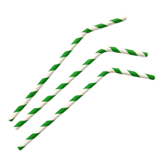 Fiesta Compostable Bendy Paper Straws Green Stripes (250 Pack) (210(L)mm | Pack Quantity: 250) • PAS-FB143