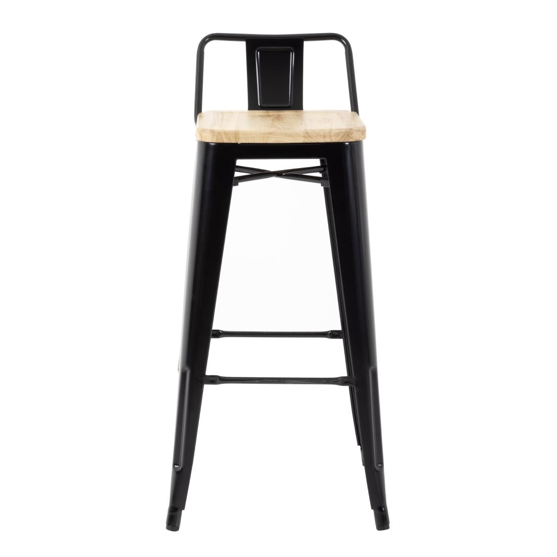 Bolero Bistro Metal High Bar Stool with Wooden Seat Pad and Back Rest Black (Pack of 4) • PAS-FB623